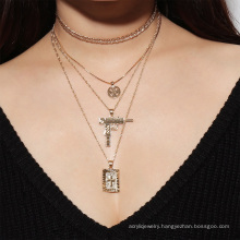 Fashion exaggerated necklace with multi-element cross and anti-war multi-layer clavicle necklace